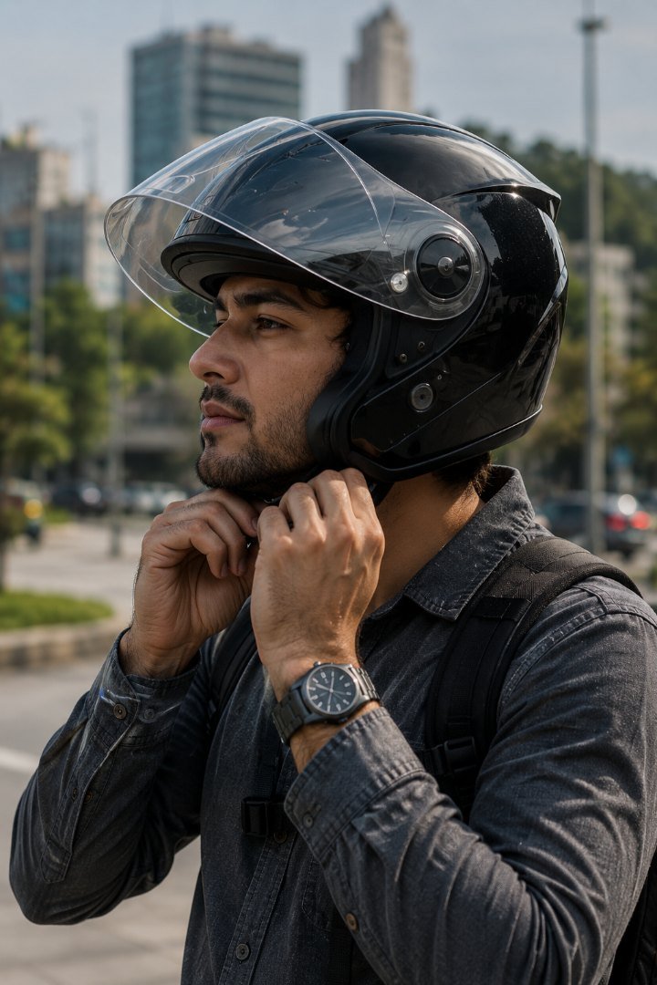Motociclista segurando o capacete